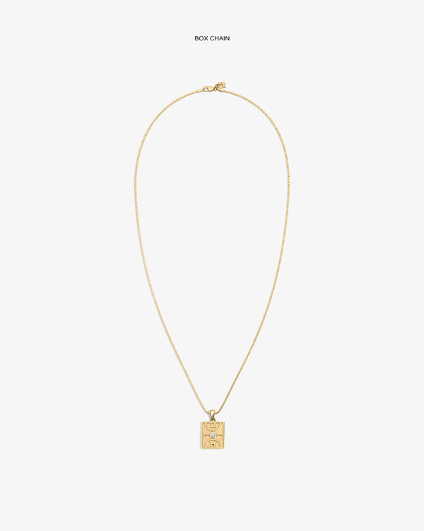 14Kt Gold Diamond Court Pendant with rectangular engraved charm shown on a plain white background.