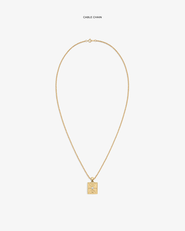 14Kt Gold Diamond Court Pendant on a cable chain, with an abstract engraved design, displayed on a white background.