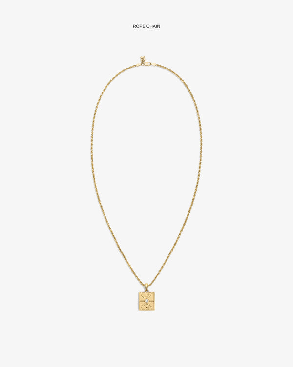 14Kt Gold Diamond Court Pendant, rectangular with engraved design, shown on a white background.