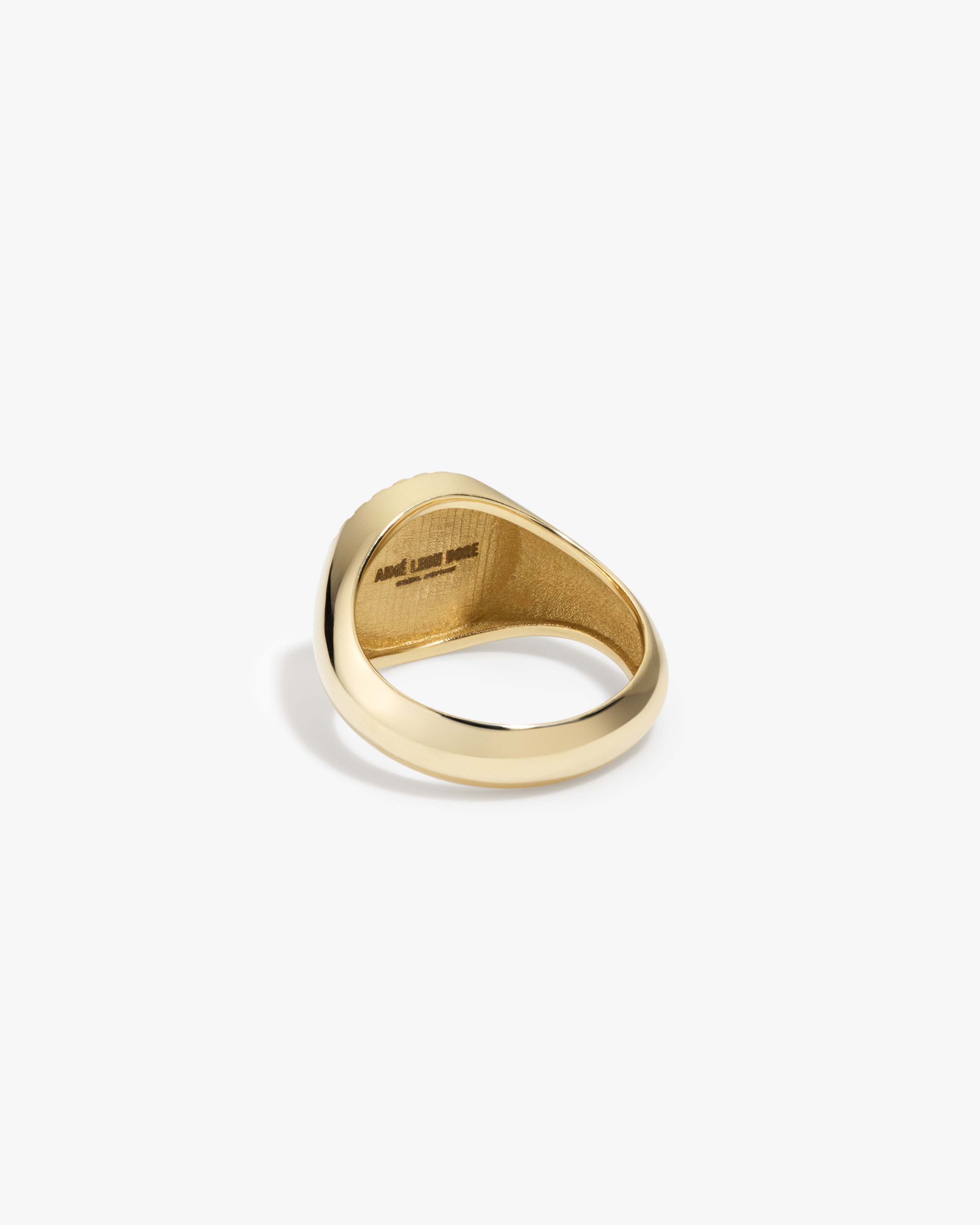 Side view of the 14Kt Gold Stained Glass Crest Ring, showing an engraved inner band.