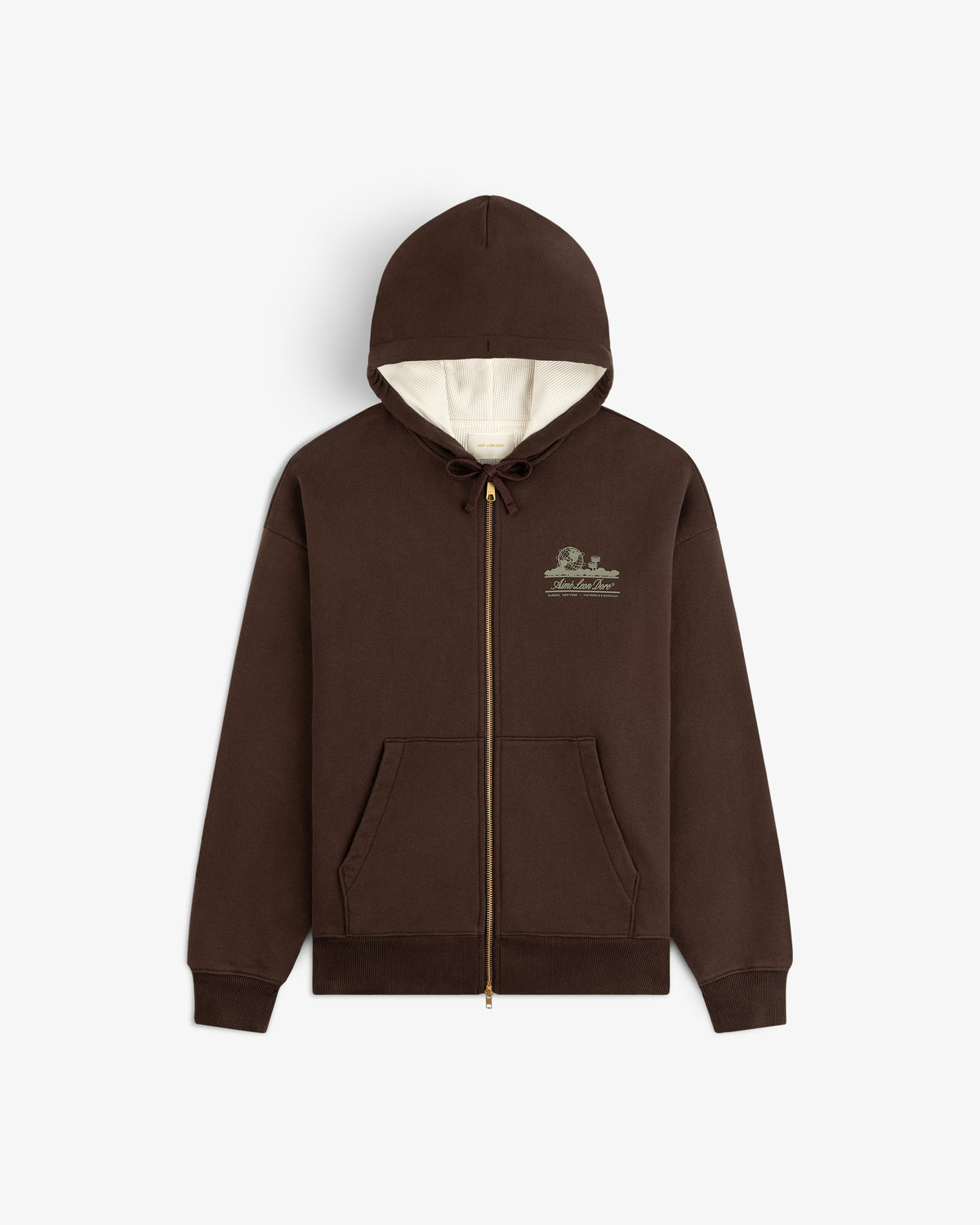 Unisphere Waffle Lined Full-Zip Hoodie with front pockets, drawstring hood, chest logo, and off-white lined hood.