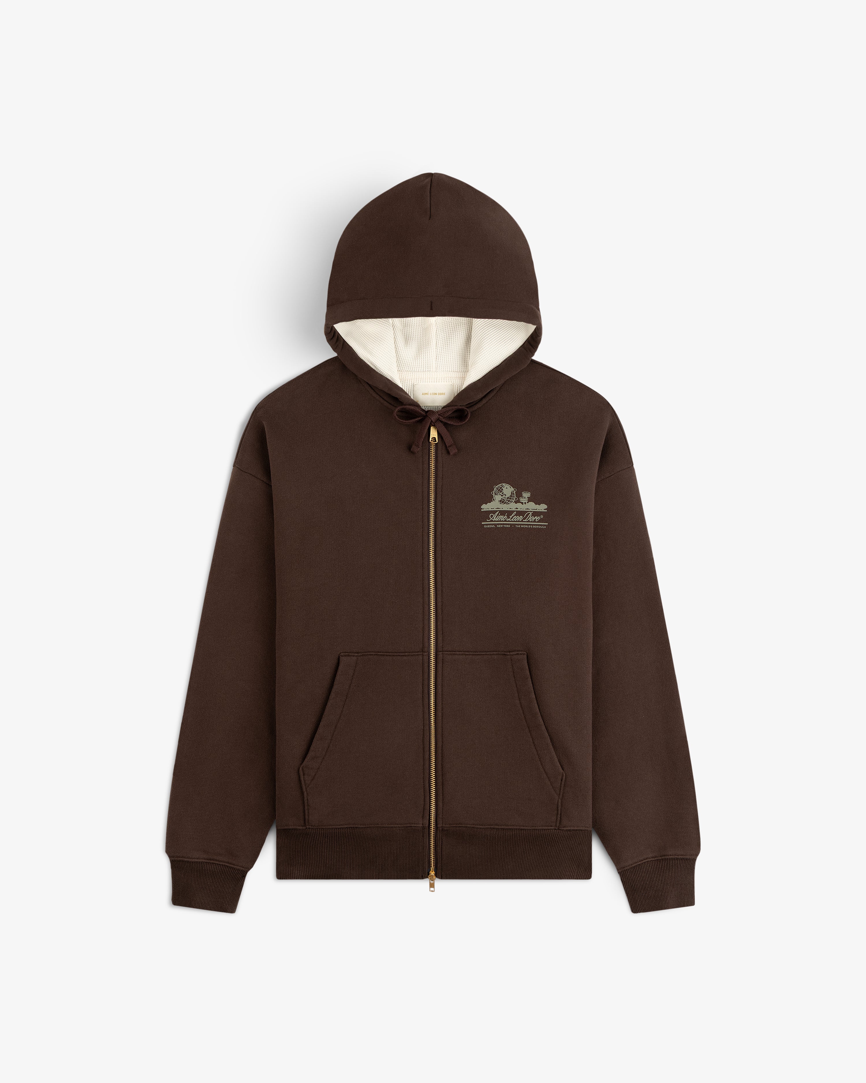 Unisphere Waffle Lined Full-Zip Hoodie with front pockets, drawstring hood, chest logo, and off-white lined hood.