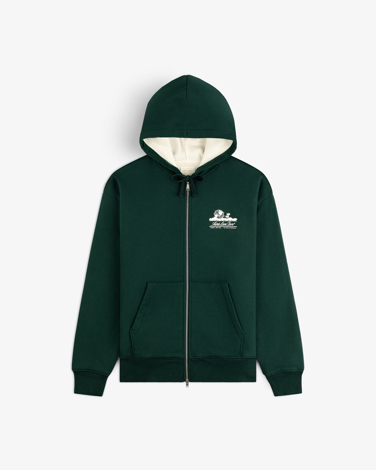 Unisphere Waffle Lined Full-Zip Hoodie in dark green with front pockets, white hood lining, and small chest graphic.