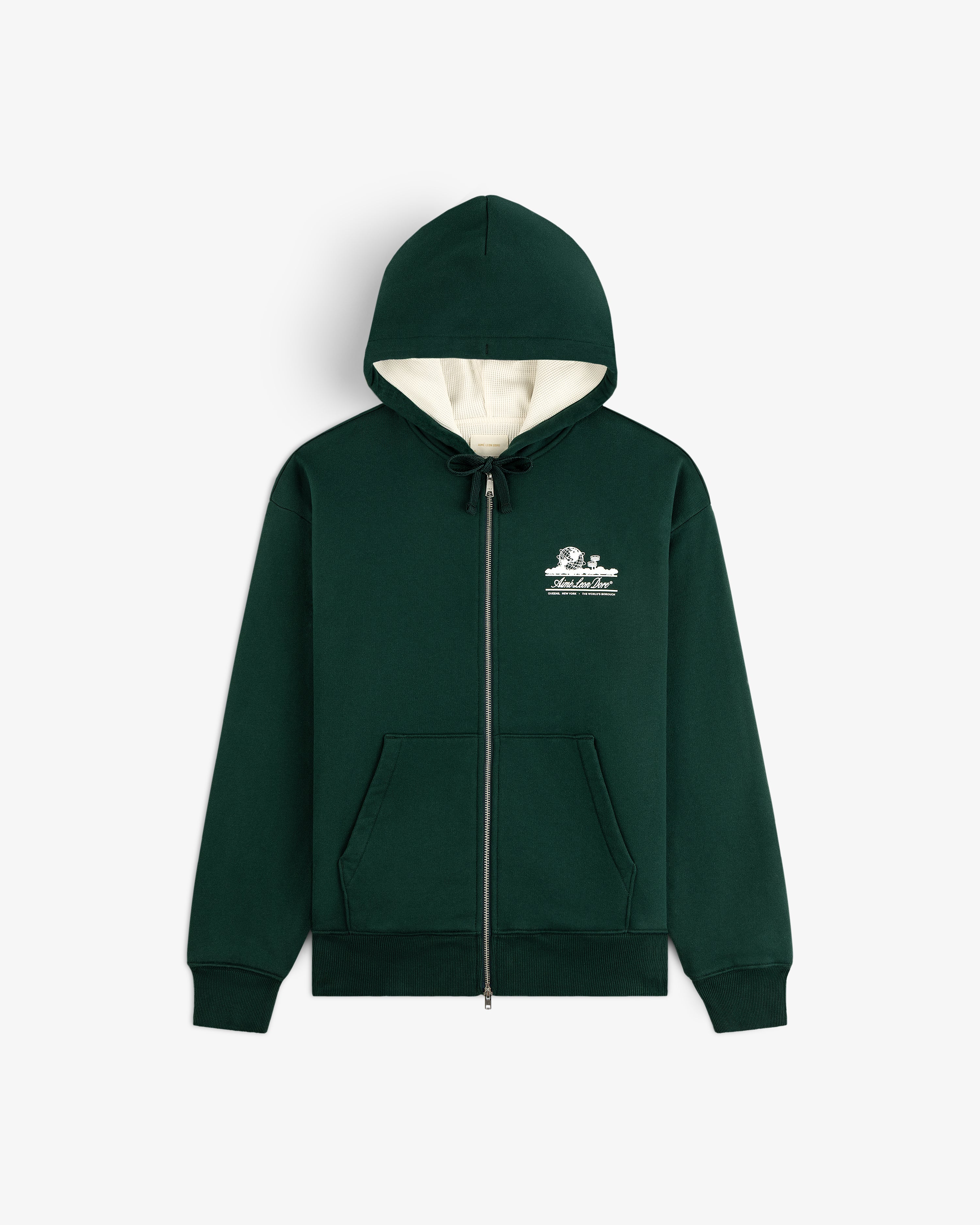 Unisphere Waffle Lined Full-Zip Hoodie in dark green with front pockets, white hood lining, and small chest graphic.