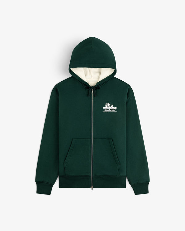 Unisphere Waffle Lined Full-Zip Hoodie in dark green with front pockets, white hood lining, and small chest graphic.