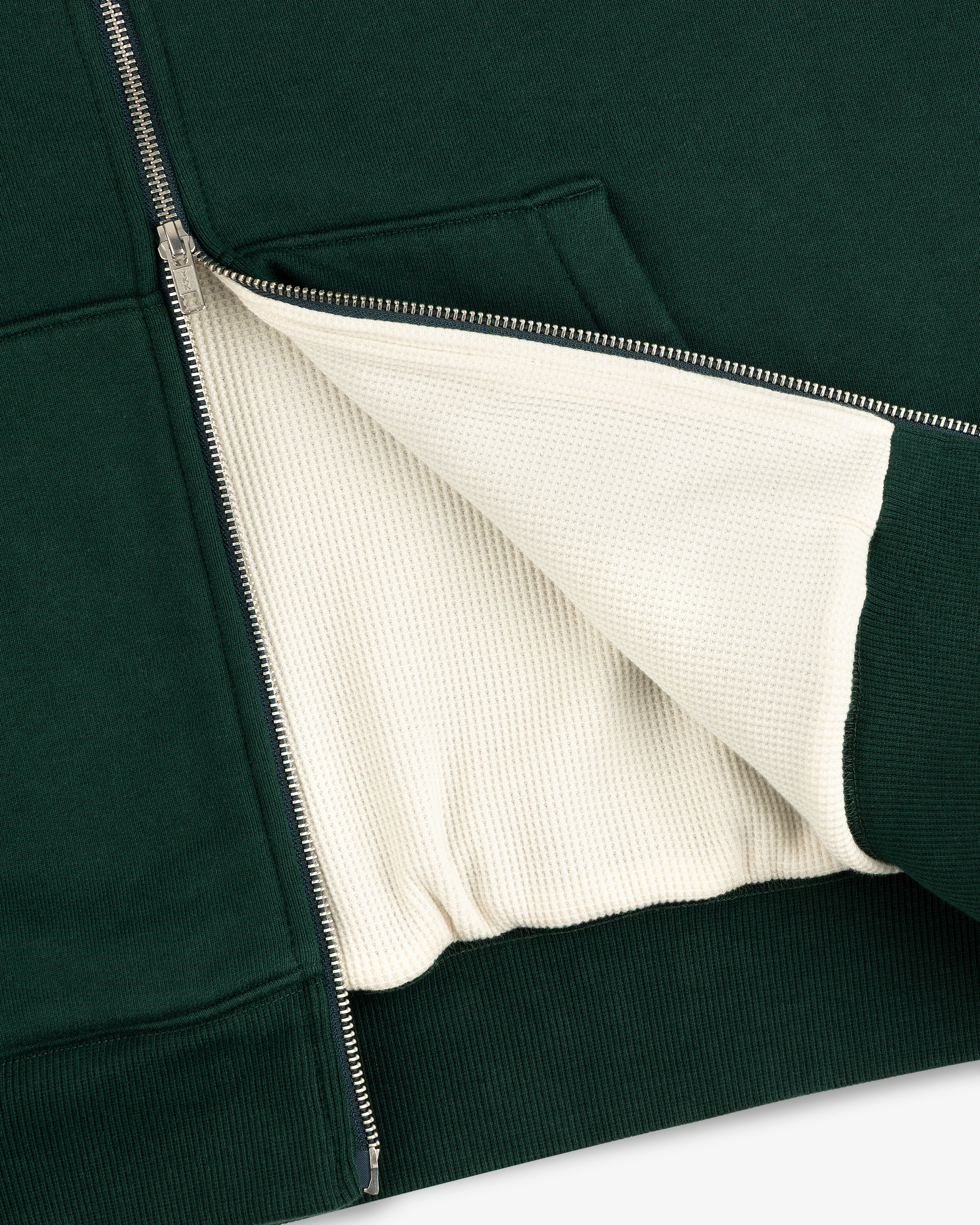 Unisphere Waffle Lined Full-Zip Hoodie in dark green with a visible cream textured lining.