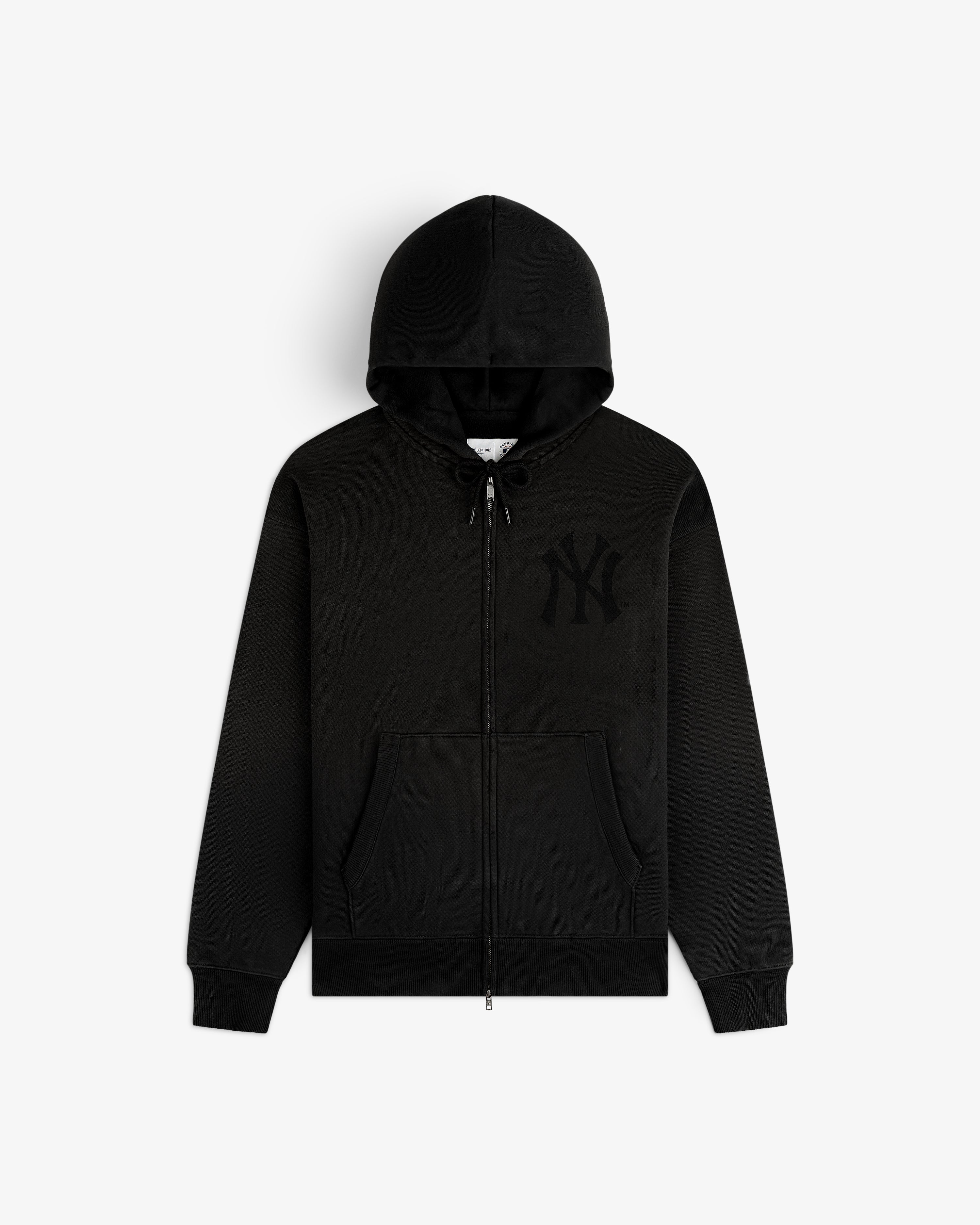 Yankees Washed Full-Zip Hoodie with front pockets, drawstring hood, and raised NY logo on the chest.