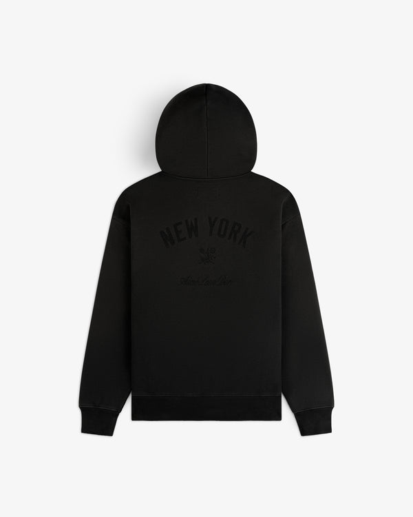Yankees Washed Full-Zip Hoodie in black, NEW YORK text and back graphic, shown on a white background.