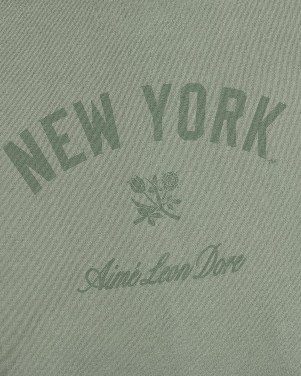 Yankees Washed Full-Zip Hoodie in green with NEW YORK text, rose graphic, and Aime Leon Dore cursive below.