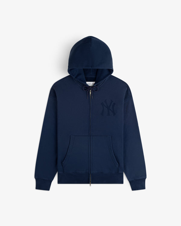 Yankees Washed Full-Zip Hoodie in navy with front pockets, hood, and raised NY Yankees logo on the chest.