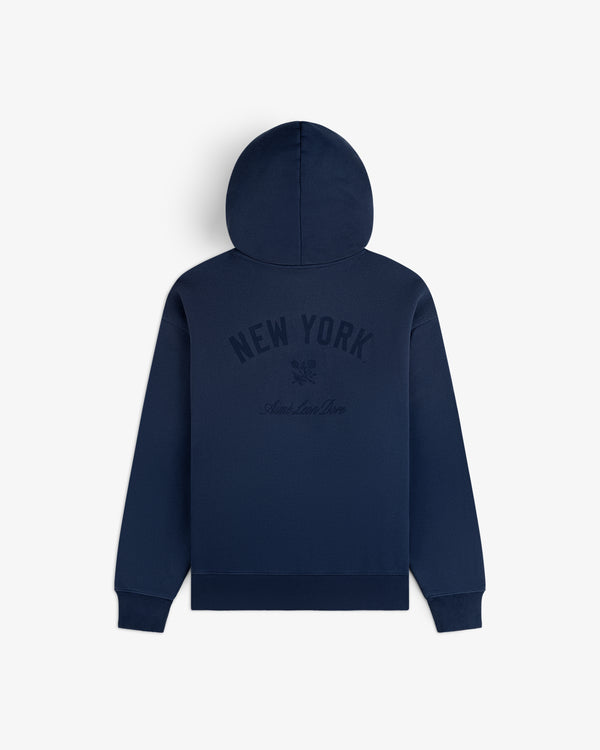 Yankees Washed Full-Zip Hoodie in navy, with NEW YORK and small back logo, shown flat on white background.