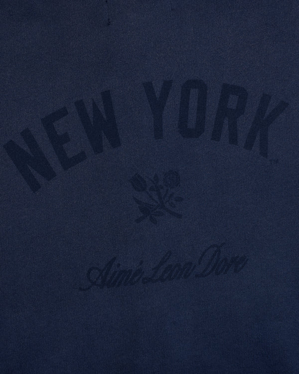 Navy Yankees Washed Full-Zip Hoodie with NEW YORK, a small rose, and Aimé Leon Dore in dark ink.