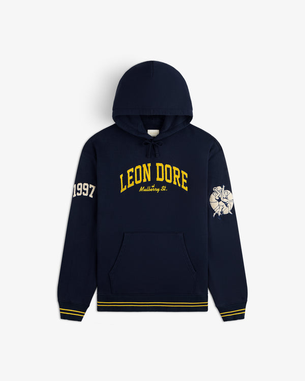 Mulberry Letterman Hoodie: navy blue with yellow LEON DORE Mulberry St., 1997 on sleeve, white arm graphic.