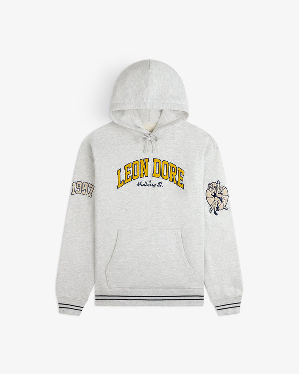 Mulberry Letterman Hoodie: gray, LEON DORE text, 1997 on sleeve, statue graphic on other sleeve.