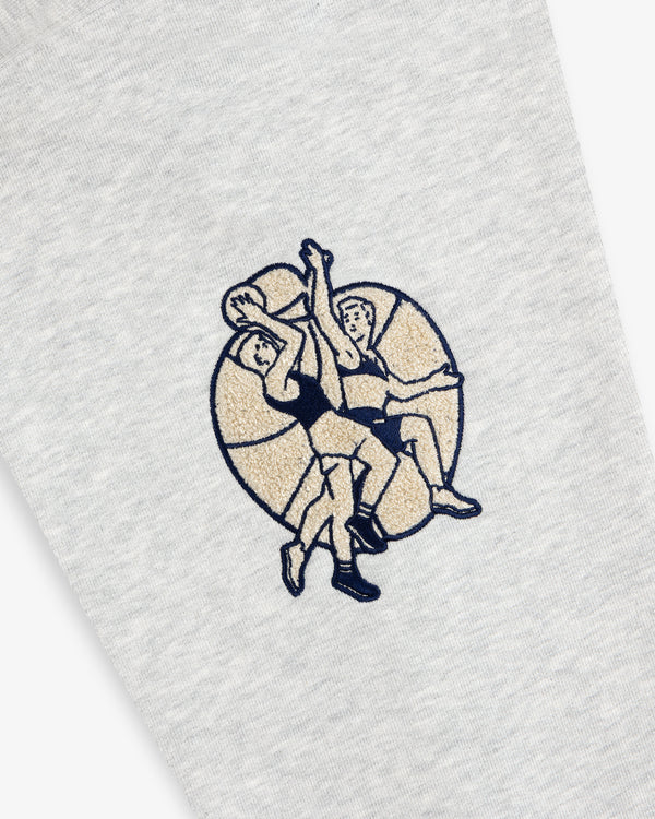 Two illustrated players jump for a basketball on the gray Mulberry Letterman Hoodie.