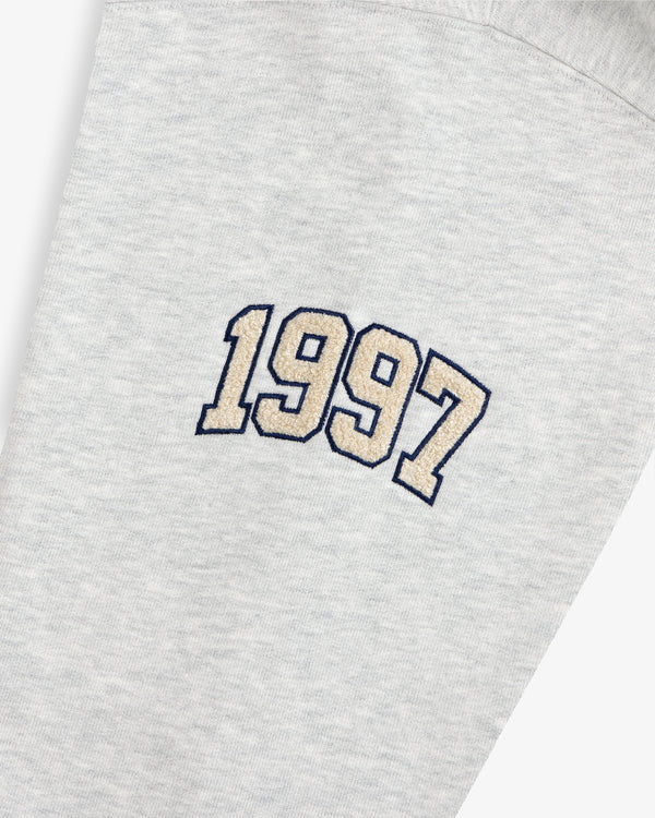 Mulberry Letterman Hoodie in gray fabric with “1997” boldly embroidered and outlined.