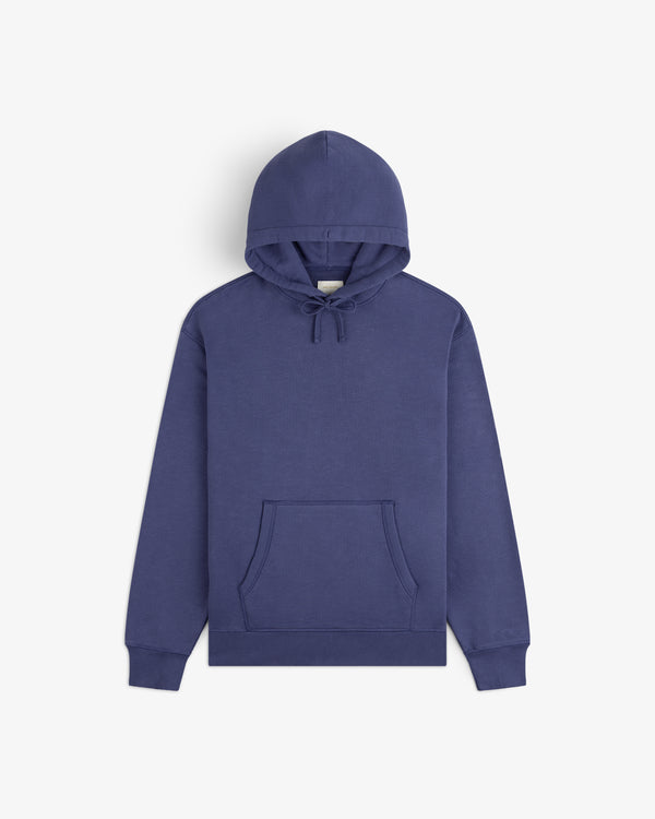Stone Washed Marina Hoodie in navy blue with a front pocket, hood, and flat lay on a white background.