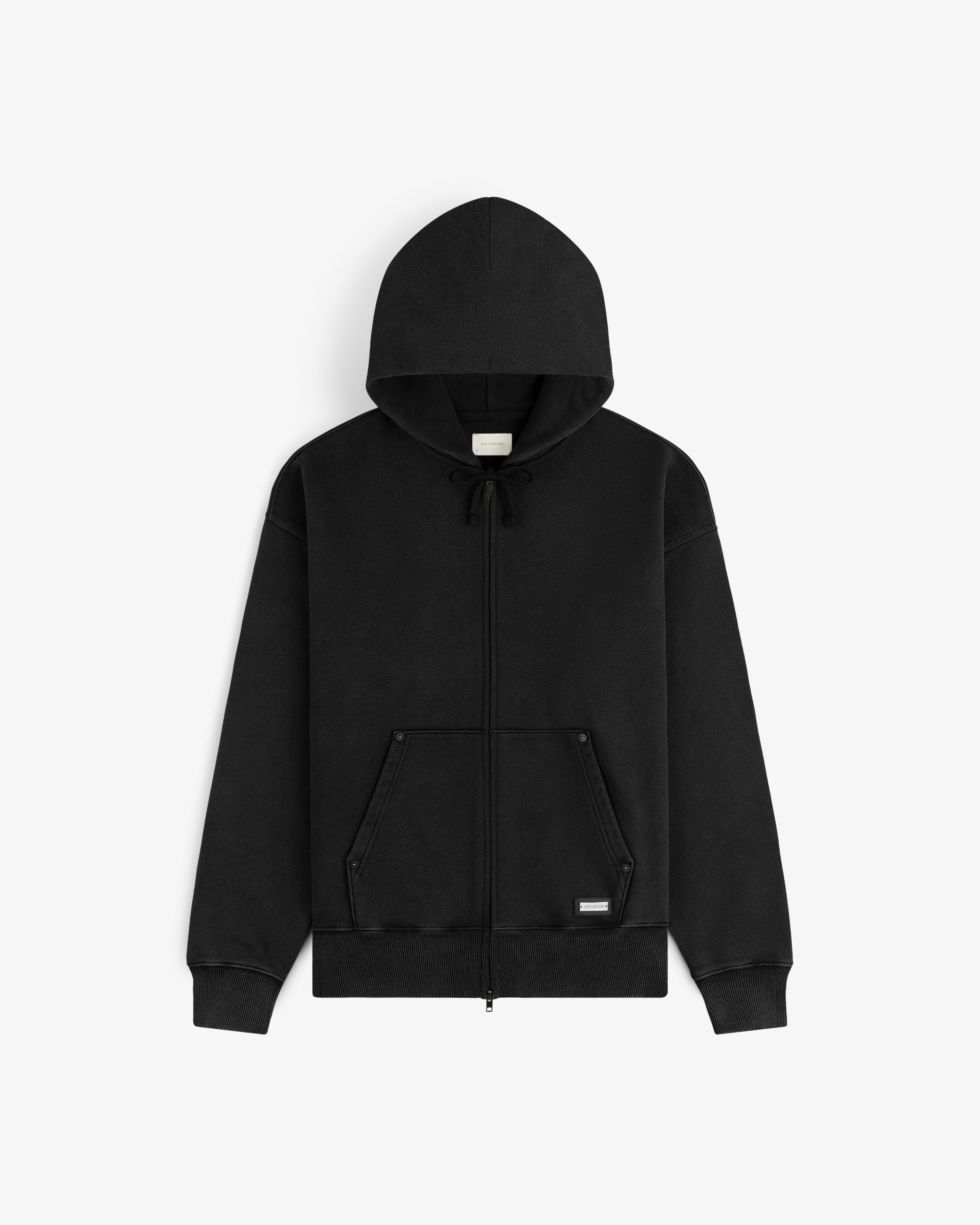 Black Washed Full Zip Hoodie with a front kangaroo pocket.
