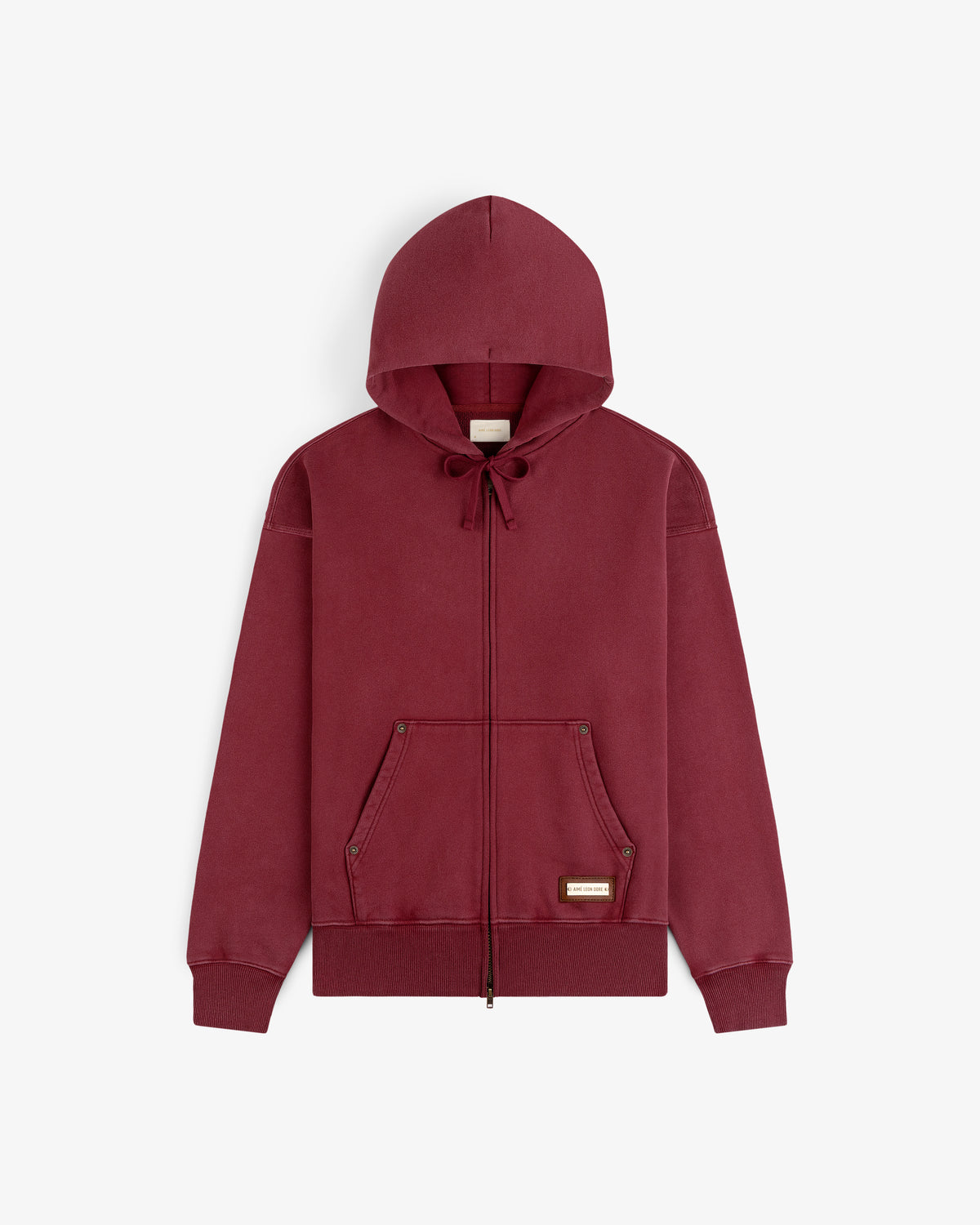 Maroon Washed Full Zip Hoodie with a drawstring hood and front pouch pockets.