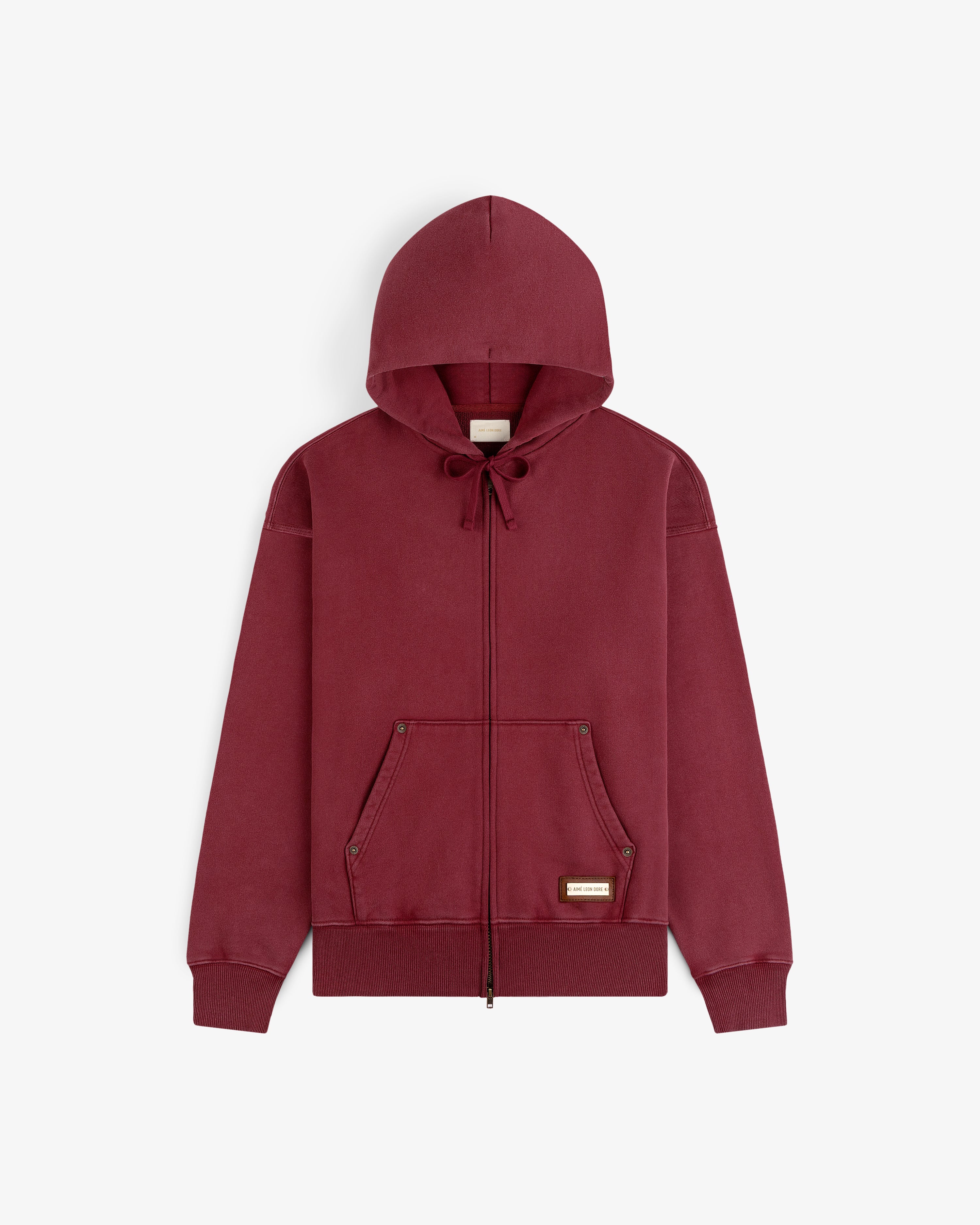 Maroon Washed Full Zip Hoodie with a drawstring hood and front pouch pockets.