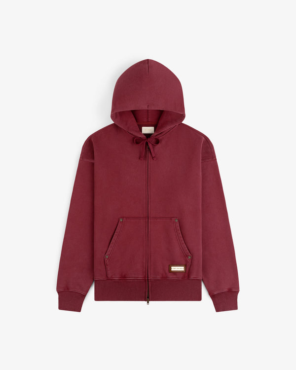 Maroon Washed Full Zip Hoodie with a drawstring hood and front pouch pockets.