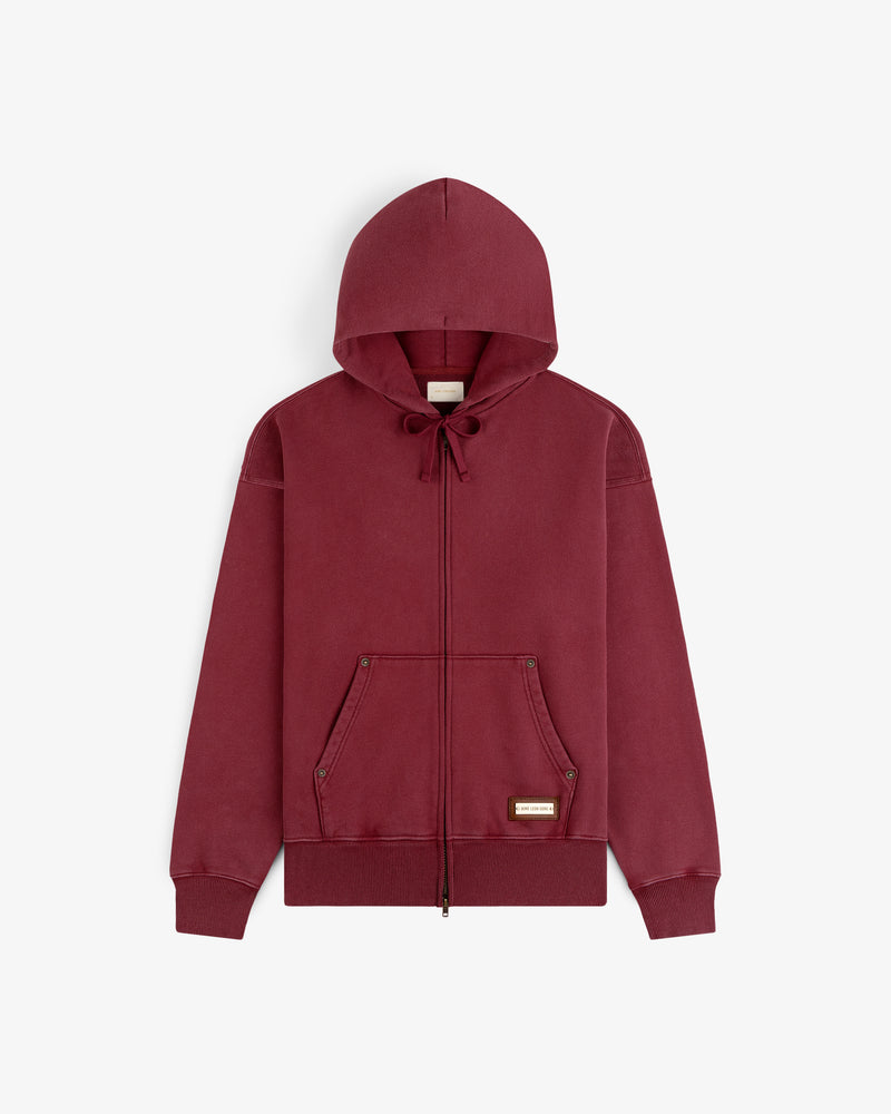 Maroon Washed Full Zip Hoodie with a drawstring hood and front pouch pockets.