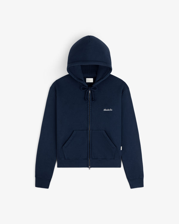 Navy blue Script Full Zip Hoodie with a drawstring, two pockets, and white cursive text embroidered on the chest.