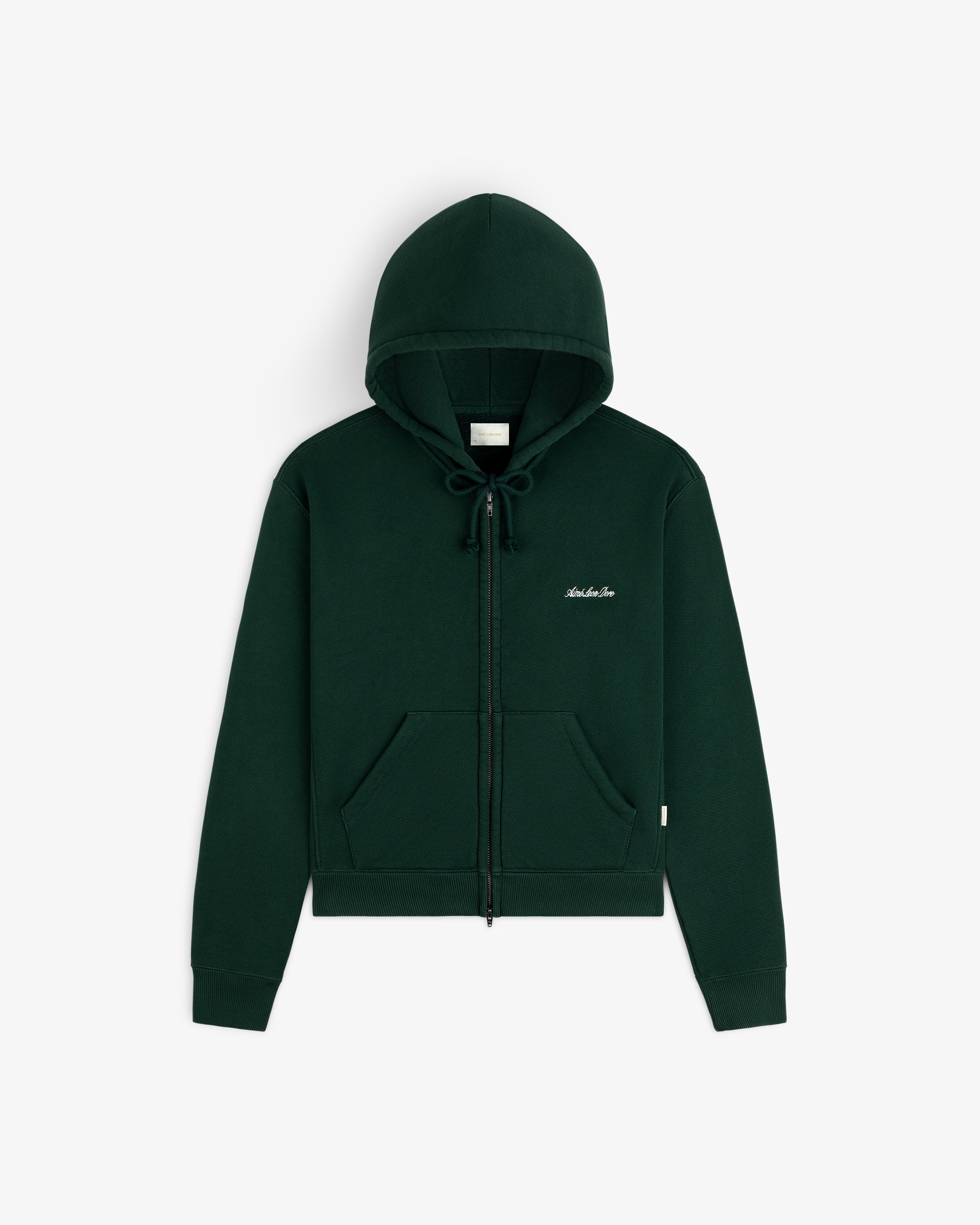 Dark green Script Full Zip Hoodie with a drawstring hood and script text embroidered on the chest.