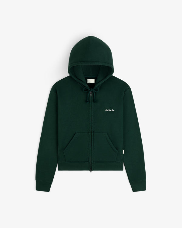 Dark green Script Full Zip Hoodie with a drawstring hood and script text embroidered on the chest.