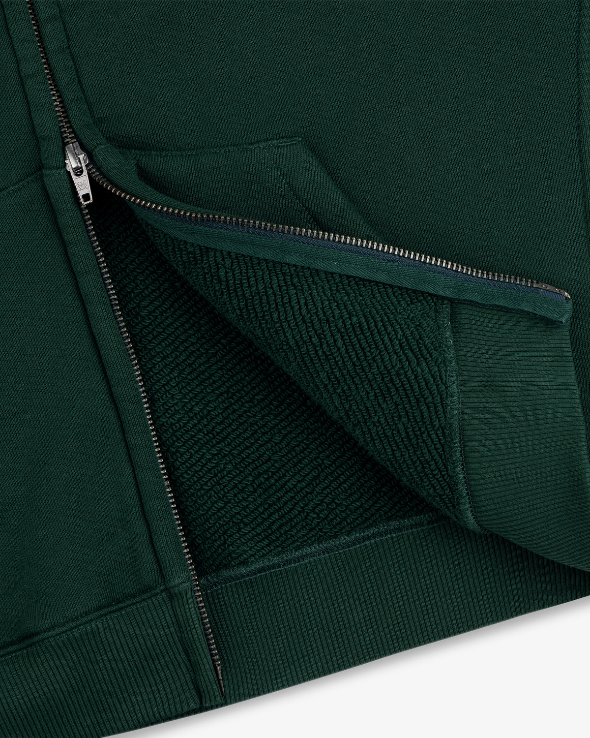 Dark green Script Full Zip Hoodie shown open to reveal the interior texture and ribbed hem.
