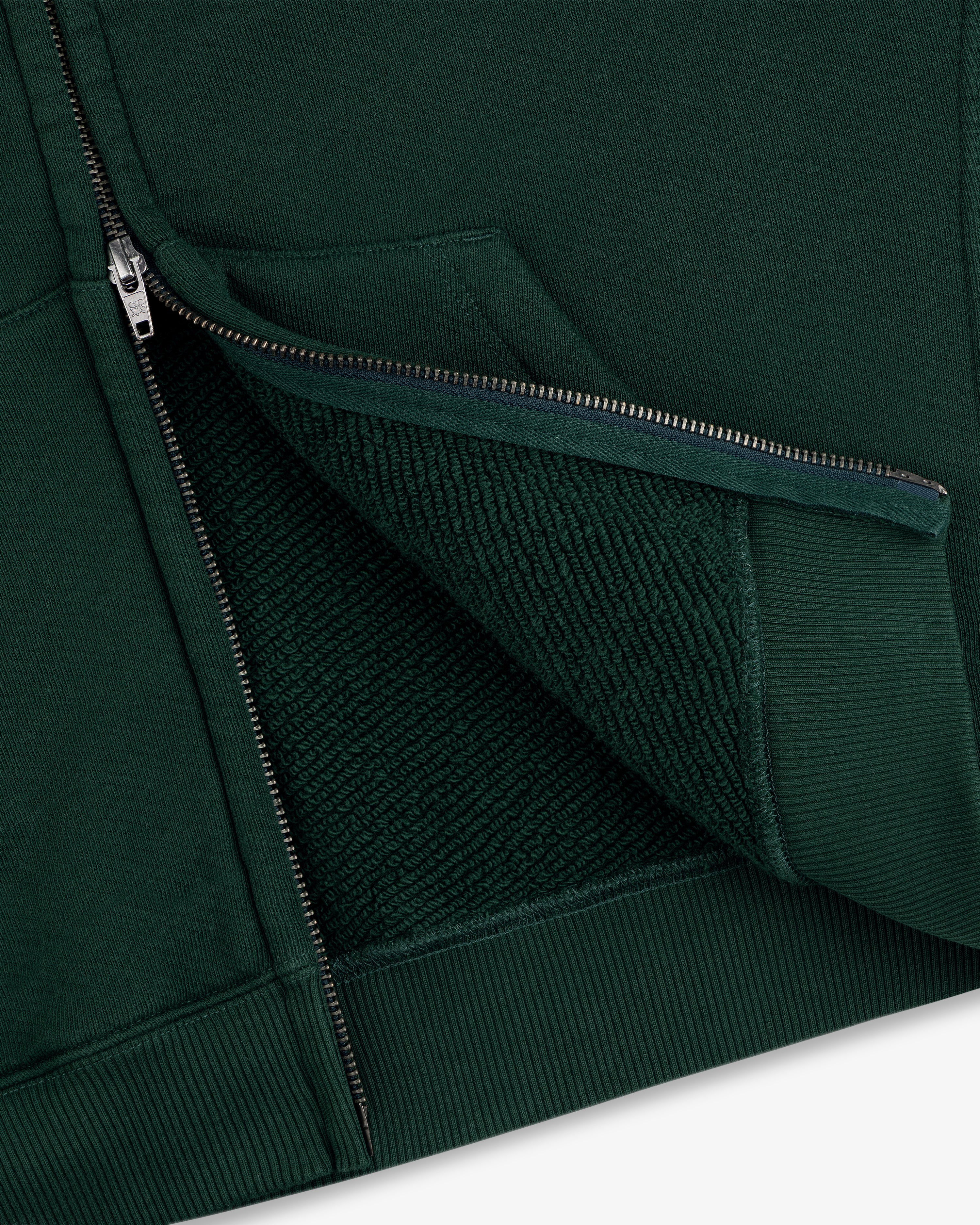 Dark green Script Full Zip Hoodie shown open to reveal the interior texture and ribbed hem.