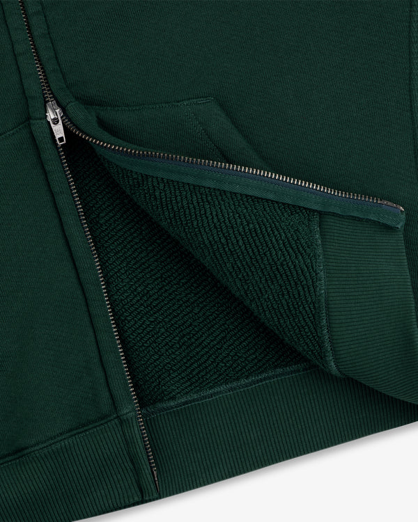 Dark green Script Full Zip Hoodie shown open to reveal the interior texture and ribbed hem.