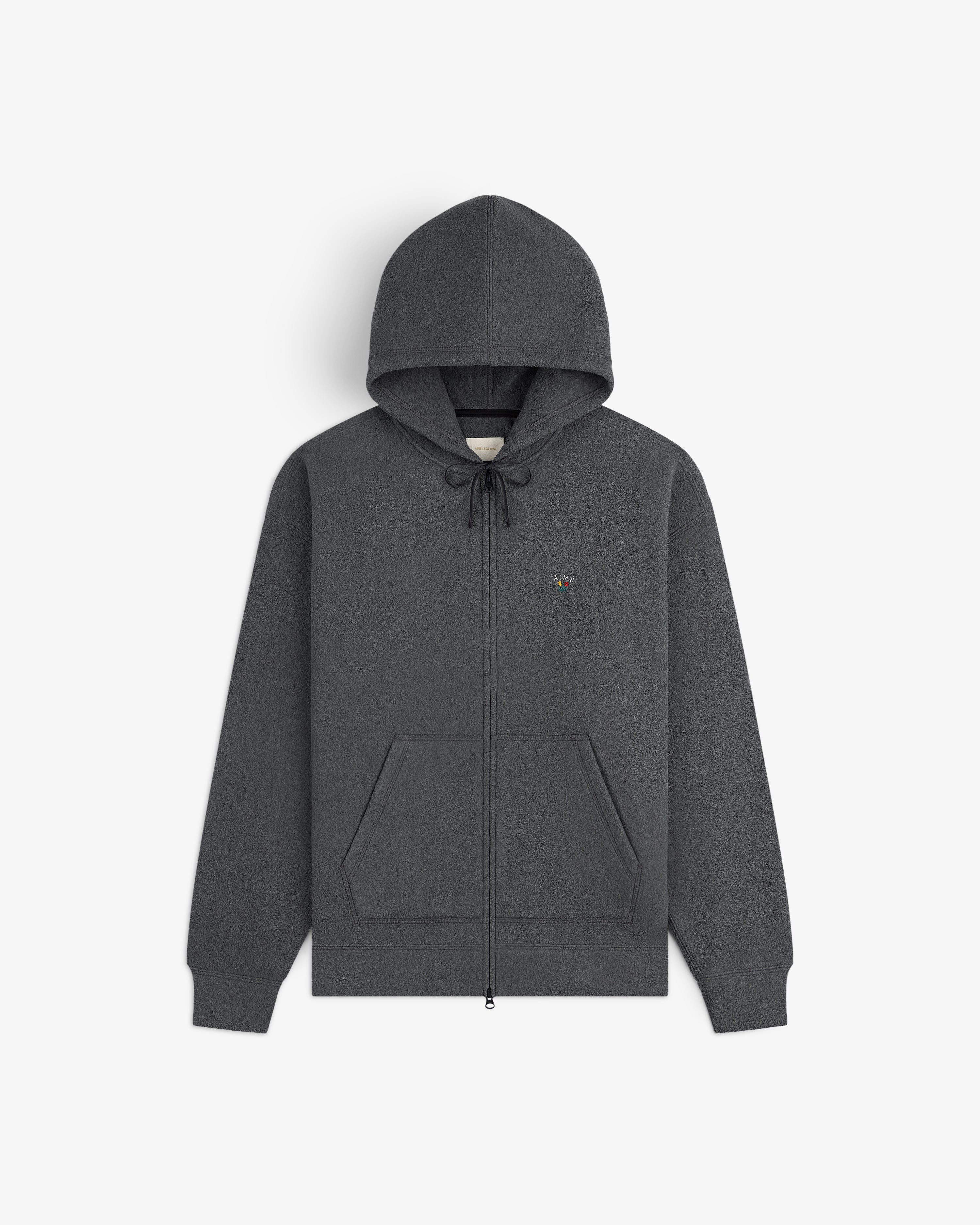 Crest Fleece Full-Zip Hoodie in dark gray with front pockets and small bee logo, shown flat on a white background.