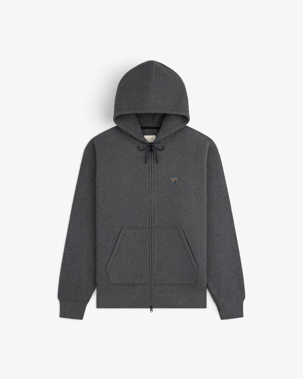 Crest Fleece Full-Zip Hoodie in dark gray with front pockets and small bee logo, shown flat on a white background.