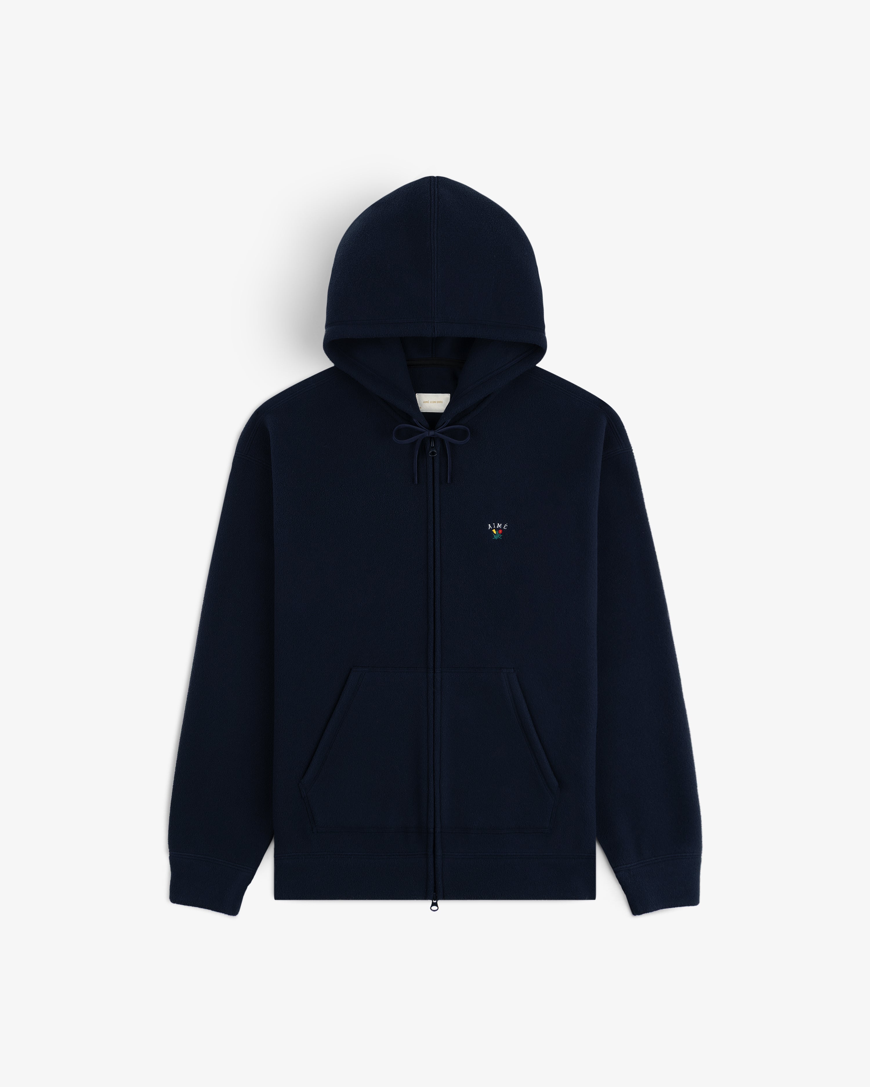 Crest Fleece Full-Zip Hoodie in navy with drawstring hood, front pockets, and left chest embroidered logo.