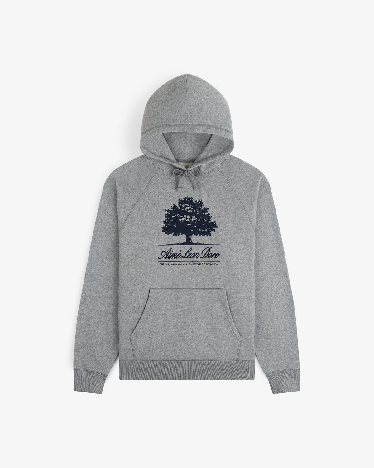 Olive Tree Hoodie in grey, featuring a dark tree graphic and Aimé Leon Dore text on the chest.