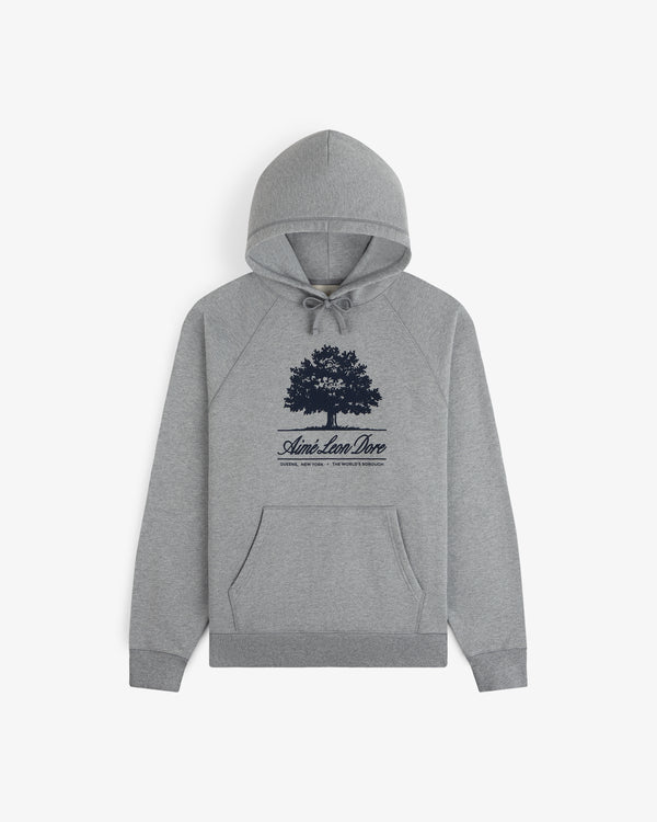 Olive Tree Hoodie in grey, featuring a dark tree graphic and Aimé Leon Dore text on the chest.