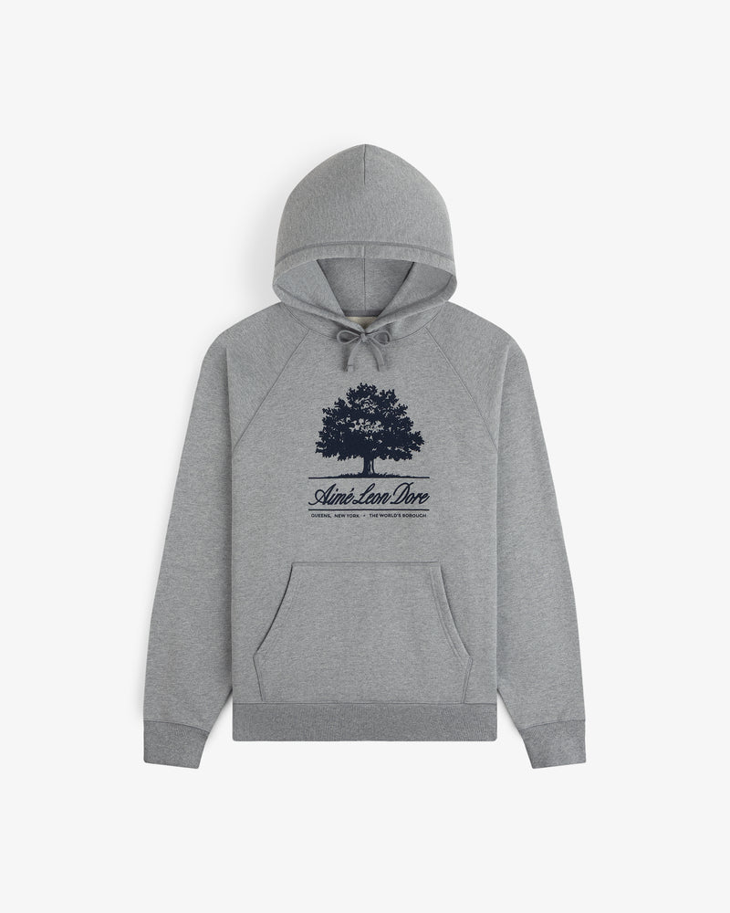 Olive Tree Hoodie in grey, featuring a dark tree graphic and Aimé Leon Dore text on the chest.