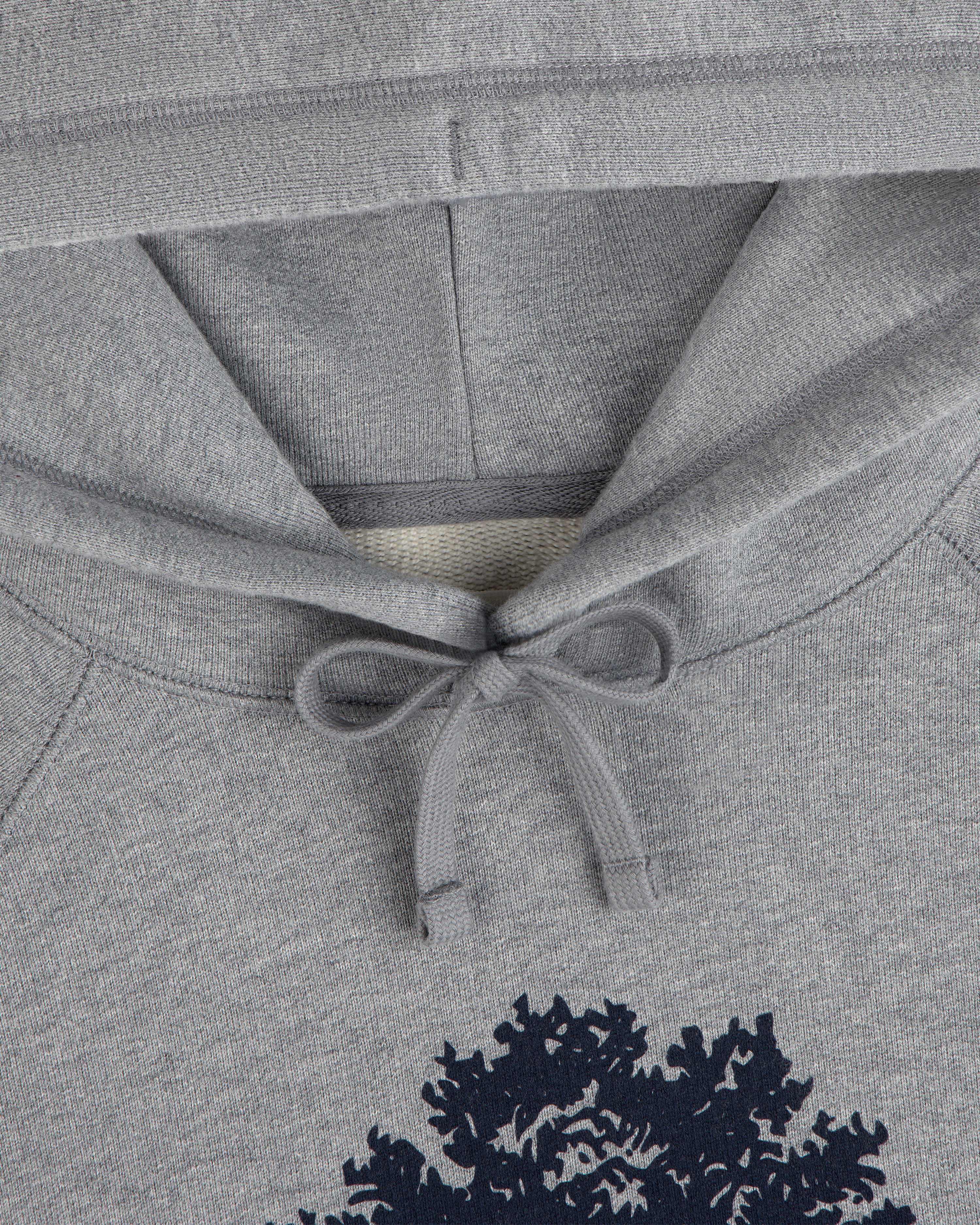 Close-up of an Olive Tree Hoodie, a gray hooded sweatshirt with a dark green tree graphic and a tied drawstring.