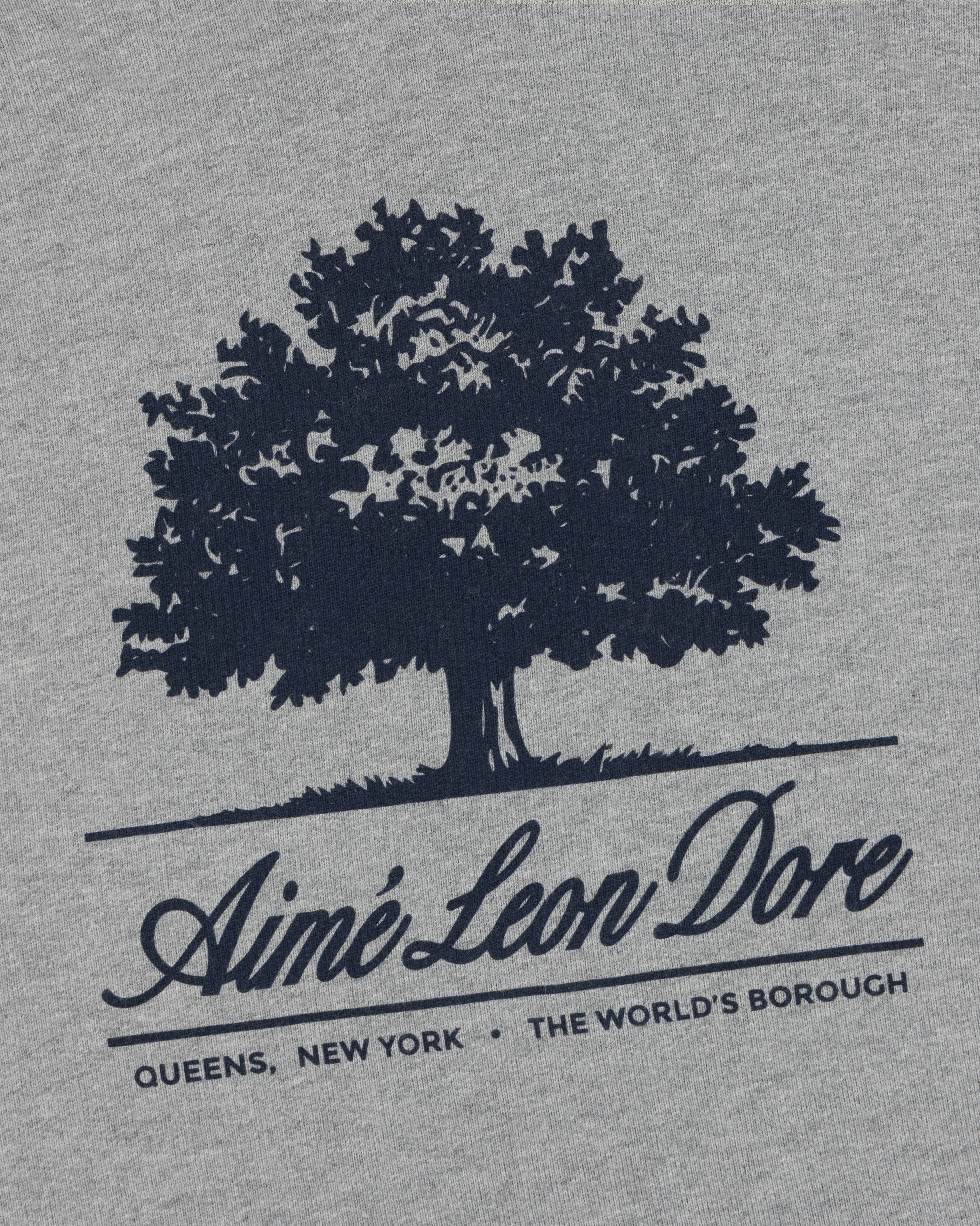 Dark blue olive tree graphic above Aimé Leon Dore text on a gray Olive Tree Hoodie.