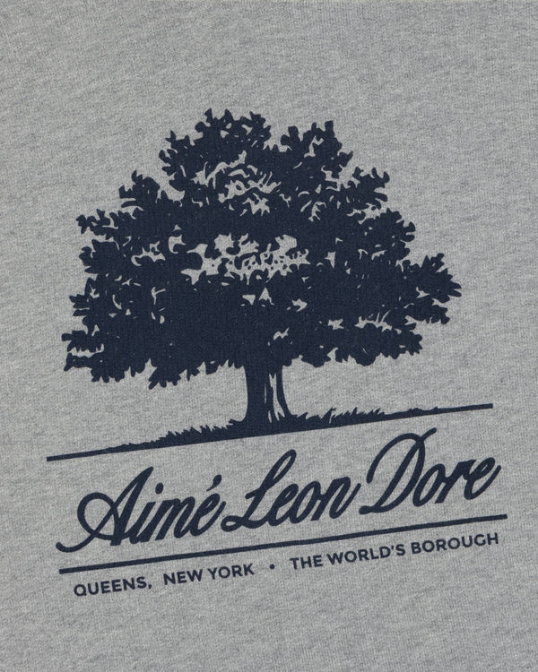 Dark blue olive tree graphic above Aimé Leon Dore text on a gray Olive Tree Hoodie.