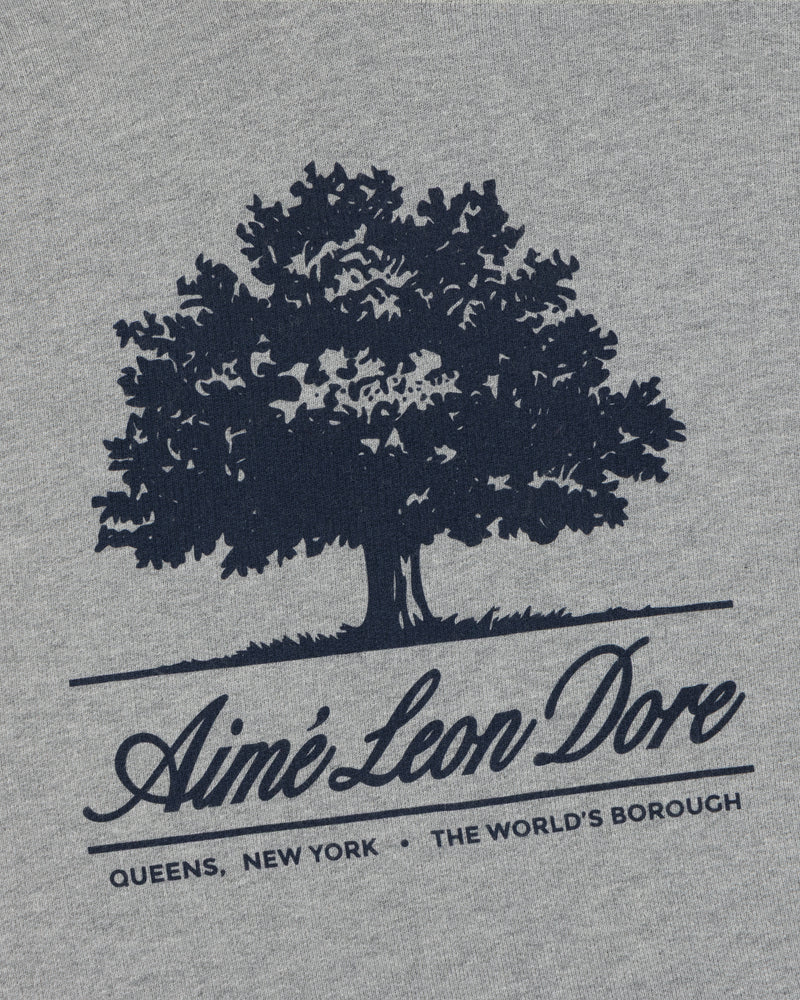 Dark blue olive tree graphic above Aimé Leon Dore text on a gray Olive Tree Hoodie.