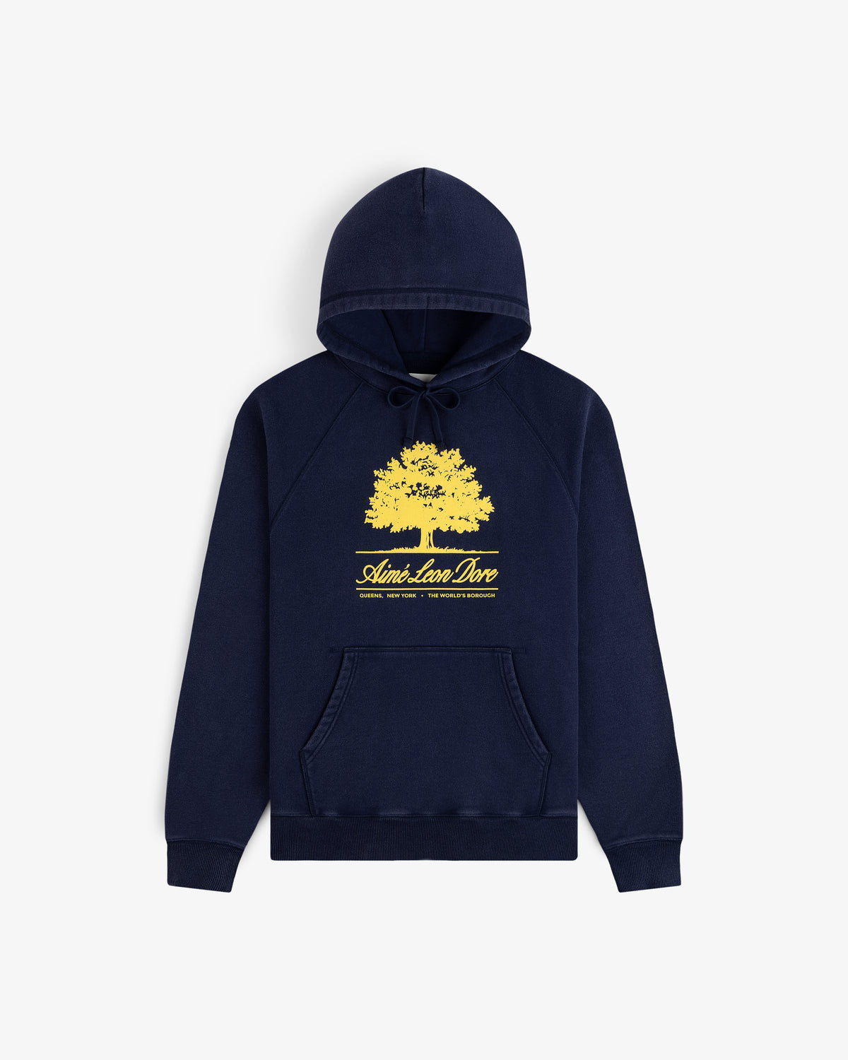 Navy blue Olive Tree Hoodie with a yellow tree graphic and text.