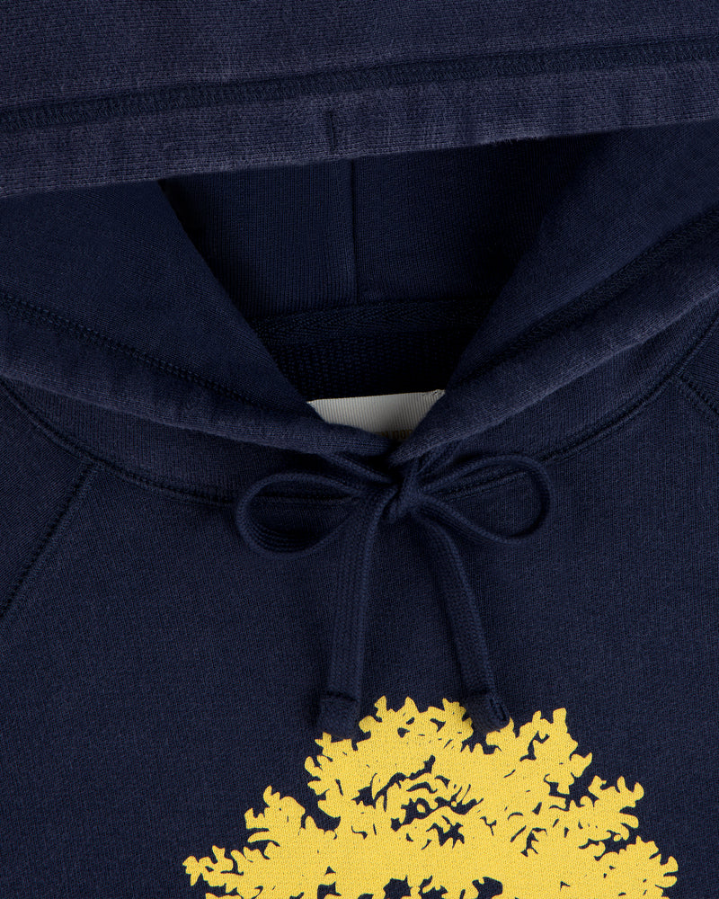 Navy blue Olive Tree Hoodie with a hood, drawstring, and a yellow tree graphic.