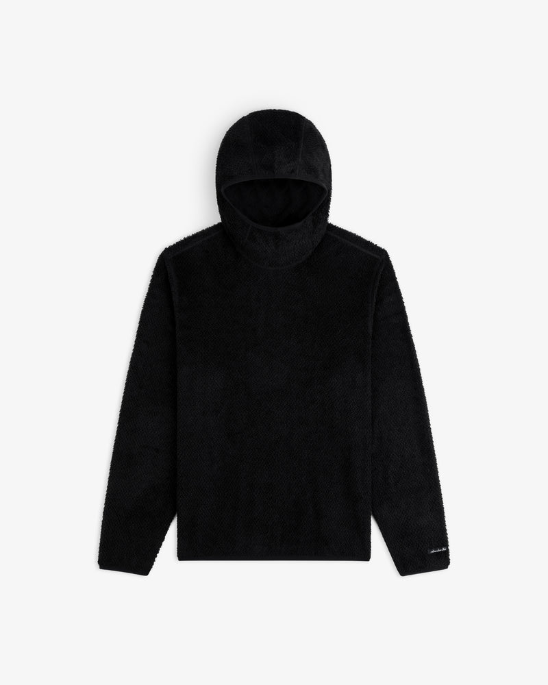 Black Fleece Performance Hoodie with a fitted hood and long sleeves.