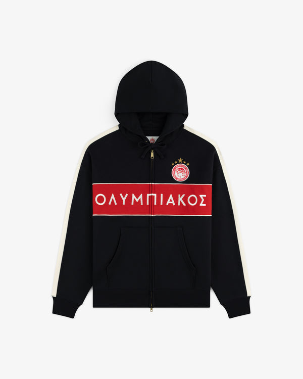 ALD / Olympiacos F.C. Full Zip Hoodie in black with a red chest stripe, white logo, and Greek text.
