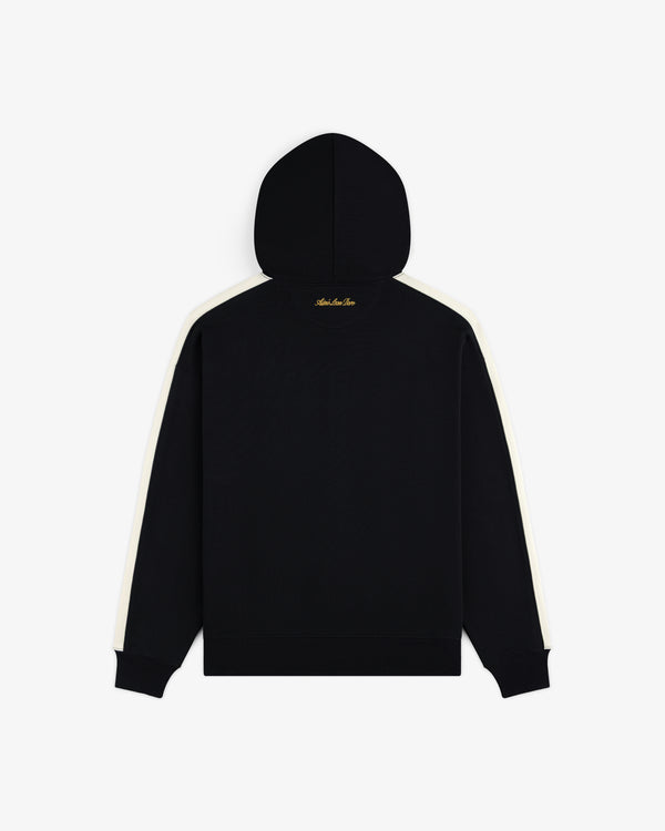 Back view of the black ALD / Olympiacos F.C. Full Zip Hoodie with off-white sleeve stripes and gold embroidery.