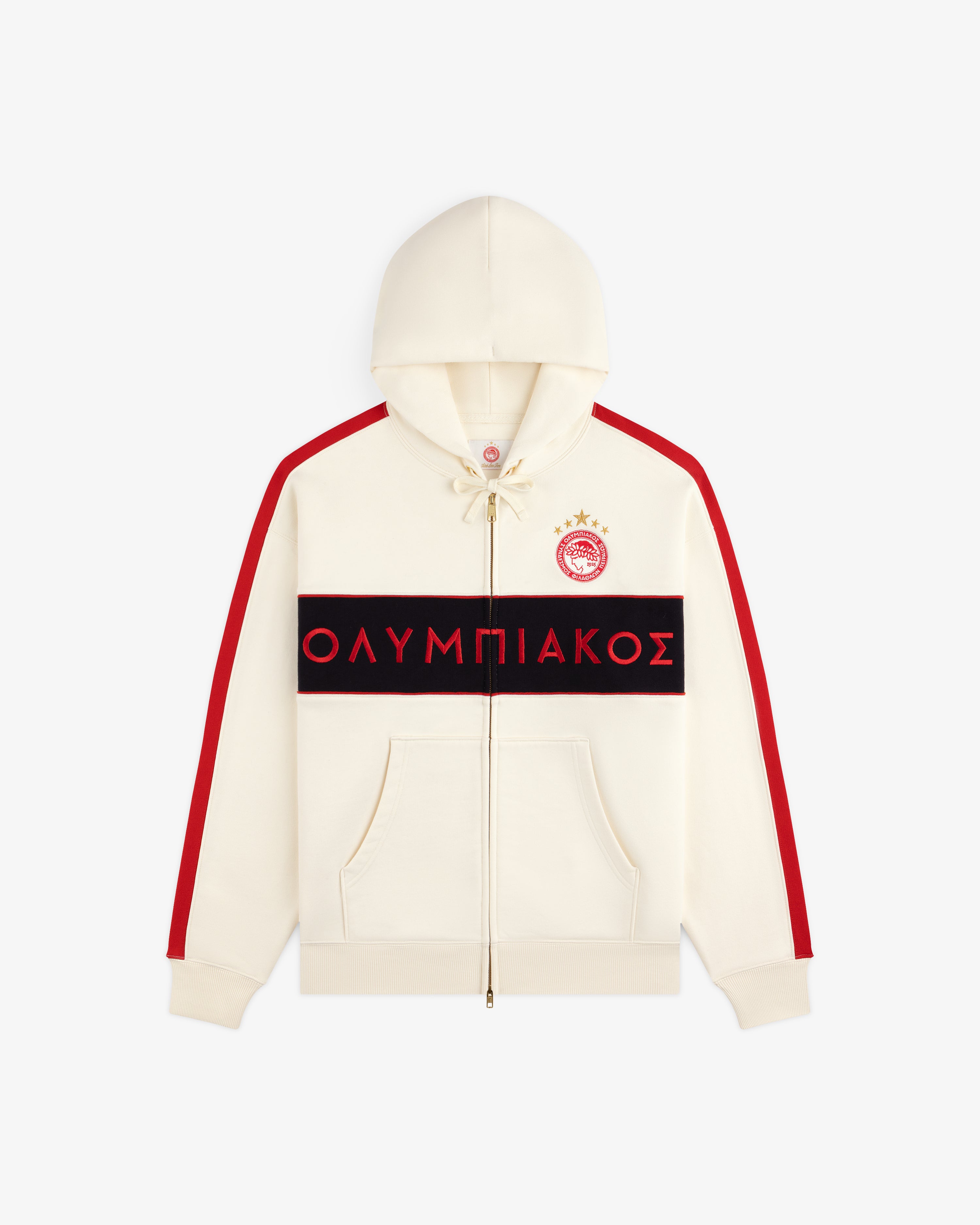 Cream-colored ALD / Olympiacos F.C. Full Zip Hoodie with red sleeve stripes and a chest band featuring the text ΟΛΥΜΠΙΑΚΟΣ.