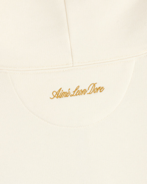 Off-white ALD / Olympiacos F.C. Full Zip Hoodie with Aimé Leon Dore embroidered in gold thread on the back.