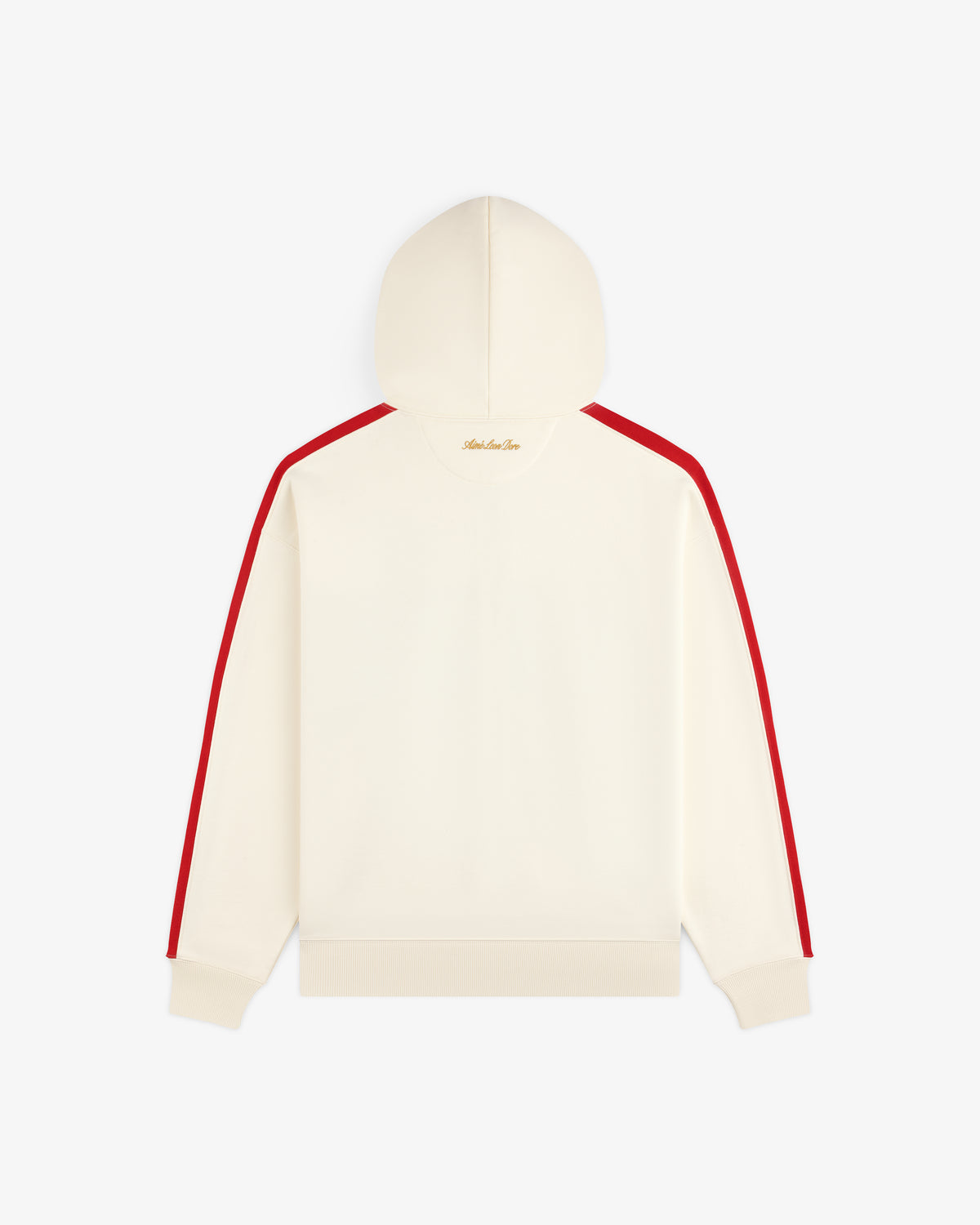 Off-white ALD / Olympiacos F.C. Full Zip Hoodie with red sleeve stripes and gold script text on the upper back.